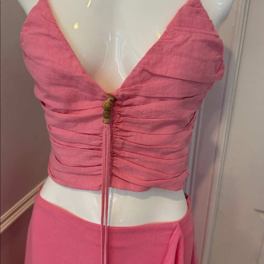Pink Ruched Crop Top and Skirt Set